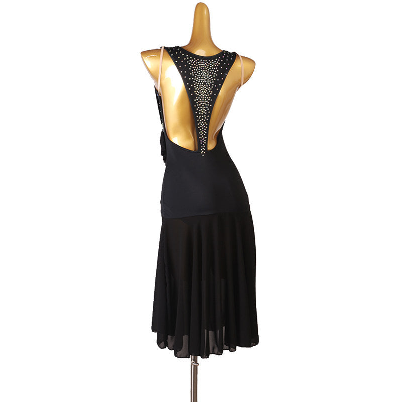 Black crystal yoke latin dance dress rear view with the godet skirt