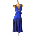Blue latin dance dress with crystal yoke and long godet panelled skirt