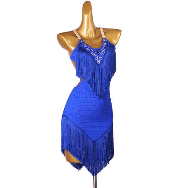 Blue latin dance dress with crystal halter neckline and layered fringe