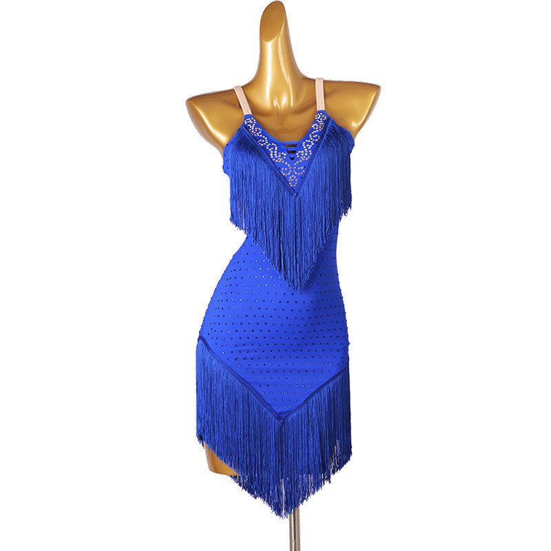 Blue fringe latin dance dress angled view showing the stone scatter