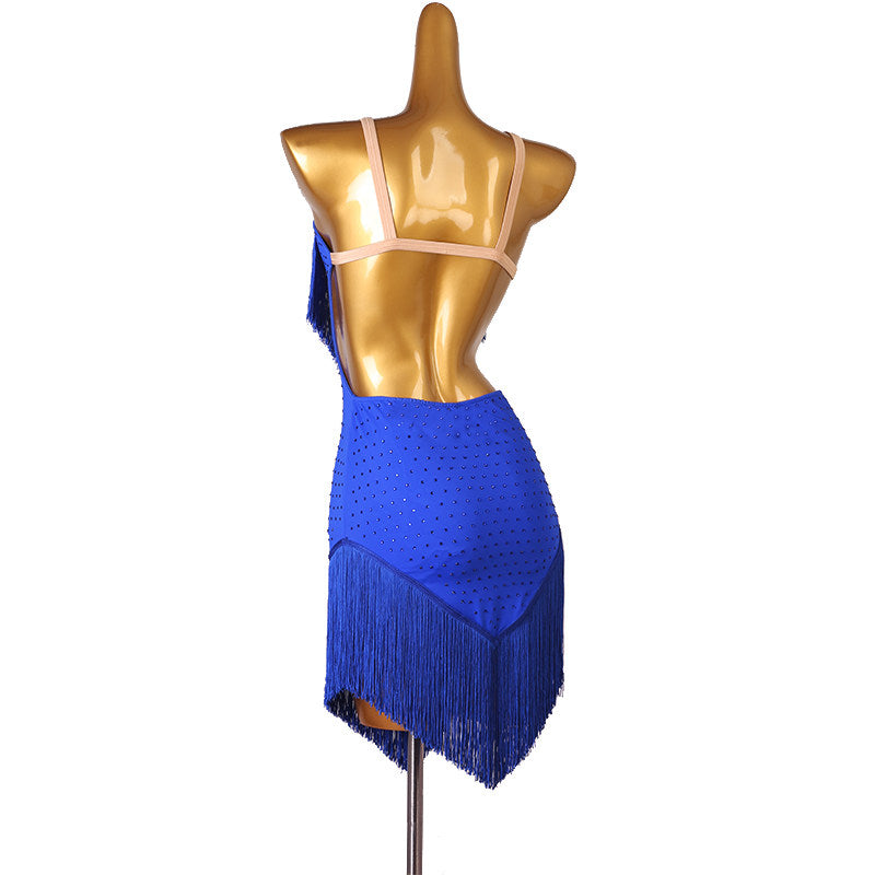 Blue fringe latin dance dress rear view showing the fully open back