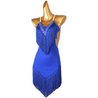Blue fringe latin dance dress front view with the pointed fringe hem