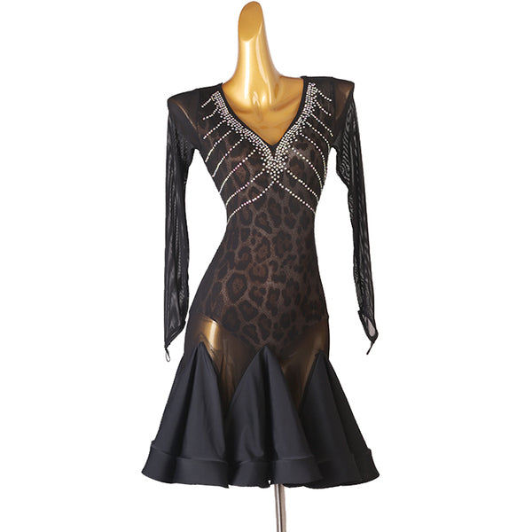 Sheer leopard mesh latin dance dress with crystal V neckline and fishtail skirt