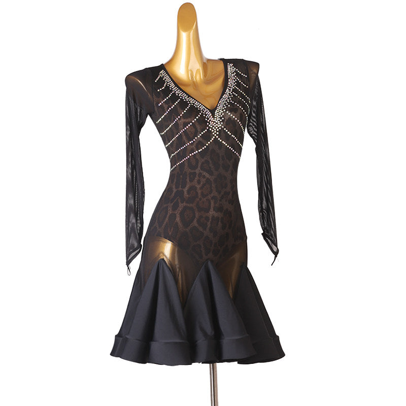 Leopard mesh latin dance dress angled view showing the crystal neckline