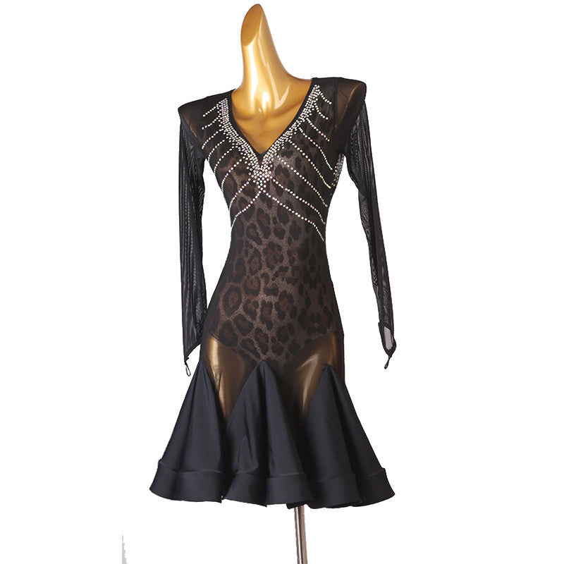 Leopard mesh latin dance dress side view with the black fishtail hem