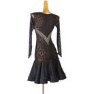 Leopard mesh latin dance dress front view with the flared hem