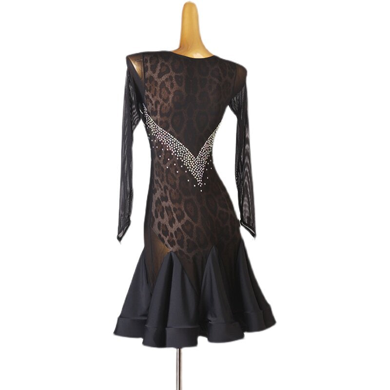 Leopard mesh latin dance dress front view with the flared hem