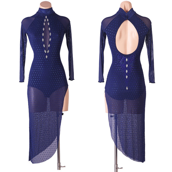 Navy latin dance dress with a vertical row of crystal buttons and mesh skirt