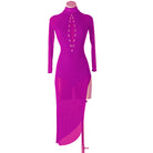 Rose red latin dance dress with crystal button row and high neckline