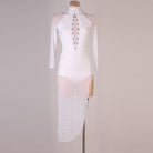 White latin dance dress with crystal buttons and sheer dotted mesh skirt