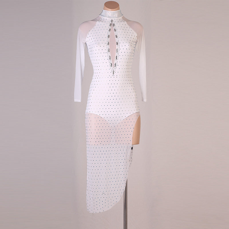 White latin dance dress with crystal buttons and sheer dotted mesh skirt