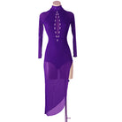 Purple latin dance dress with crystal button row and front slit