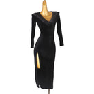 Black velvet latin dance dress with crossed wrap neckline and high front slit