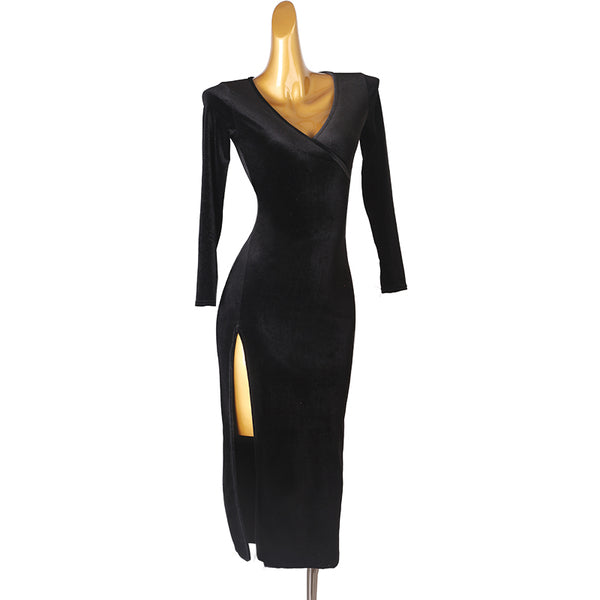 Black velvet latin dance dress with crossed wrap neckline and high front slit