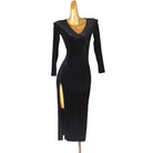 Black velvet latin dance dress angled view showing the long line