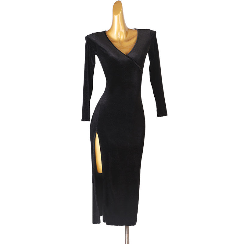 Black velvet latin dance dress angled view showing the long line