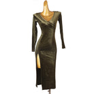 Gold velvet latin dance dress with wrap neckline and high slit skirt