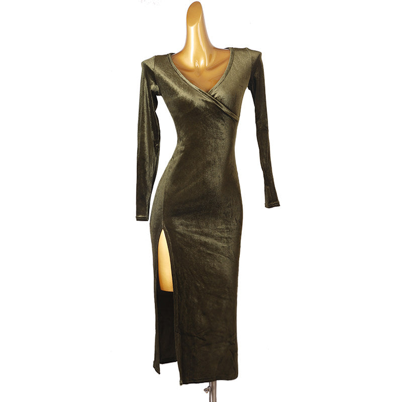 Gold velvet latin dance dress with wrap neckline and high slit skirt