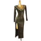 Gold velvet latin dance dress front view with the slit open