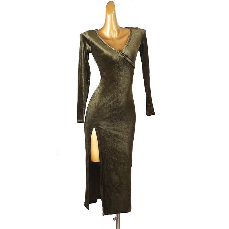 Gold velvet latin dance dress front view with the slit open