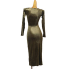 Gold velvet latin dance dress rear view showing the fitted back