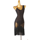 Sheer leopard mesh latin dance dress with shoulder ribbon tie and fringe hem