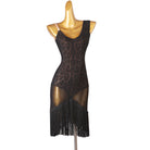 Sheer leopard mesh latin dance dress angled view showing the fringe