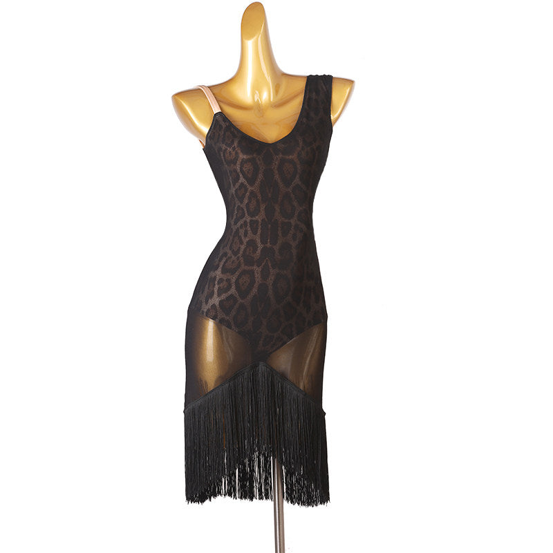 Sheer leopard mesh latin dance dress angled view showing the fringe