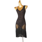 Sheer leopard mesh latin dance dress front view with the fringe hem