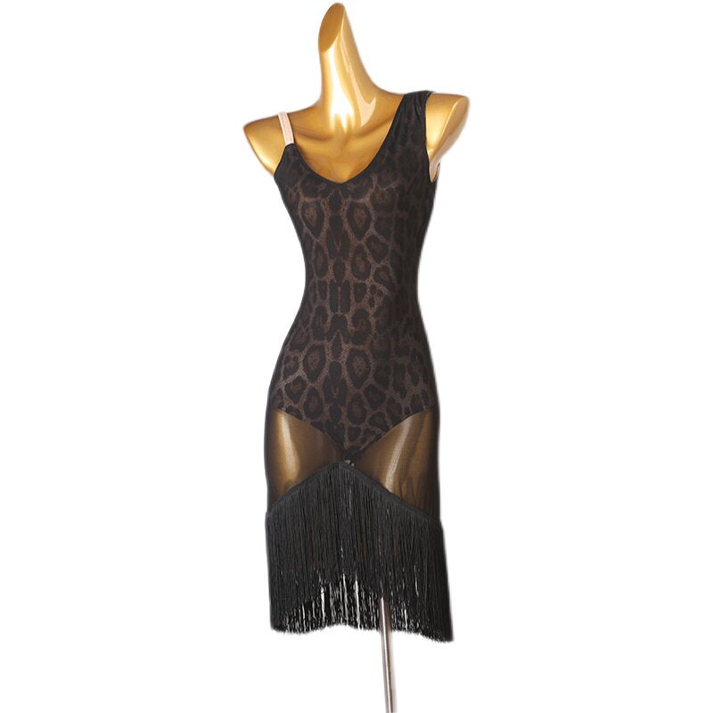 Sheer leopard mesh latin dance dress front view with the fringe hem