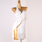 White latin dance dress with ladder cutouts up one side and stone scroll chest