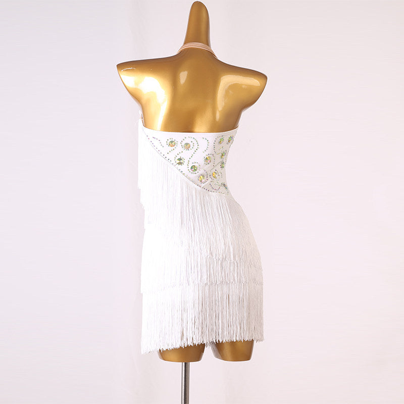 White ladder cutout latin dance dress front view with the side fringe