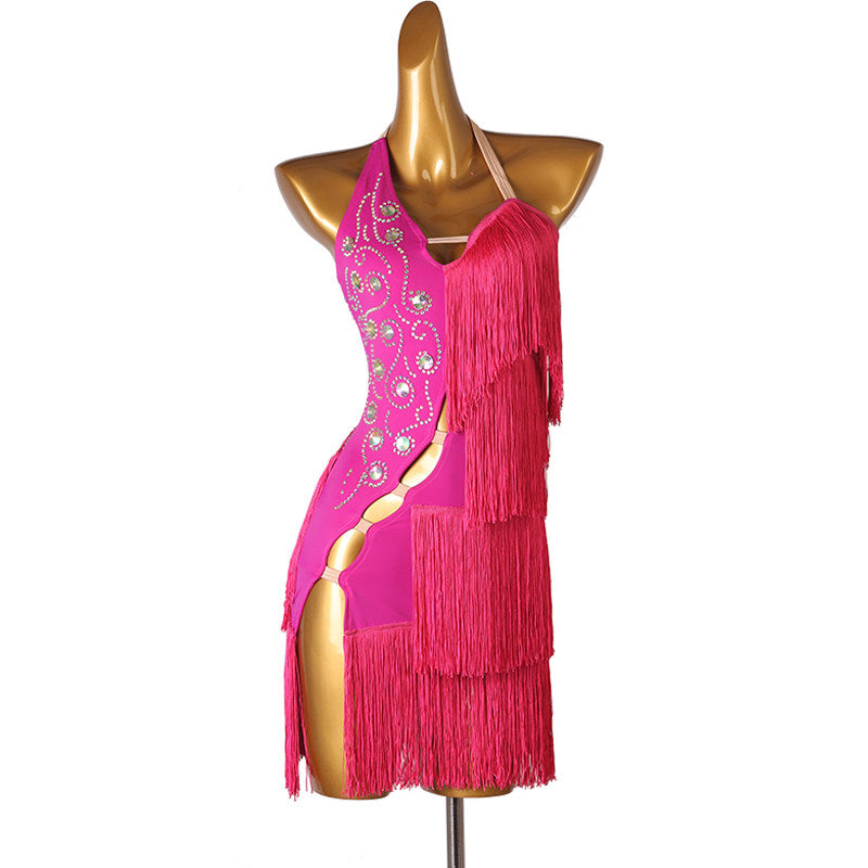 Rose red latin dance dress with ladder cutouts and stone scroll motif