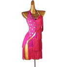 Rose red ladder cutout latin dance dress side view with the fringe falling