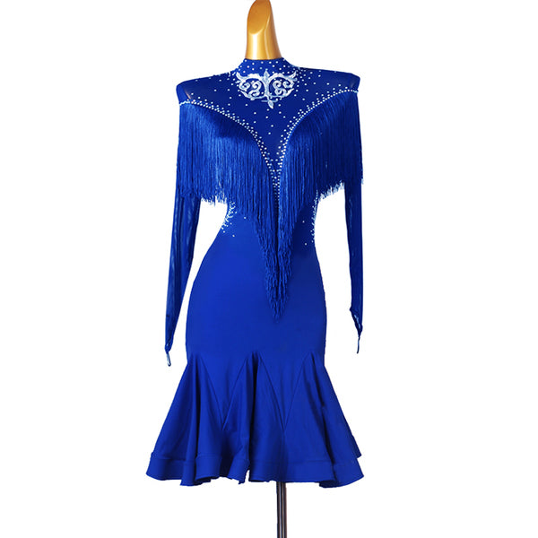 Blue latin dance dress with silver scroll applique and fringe yoke