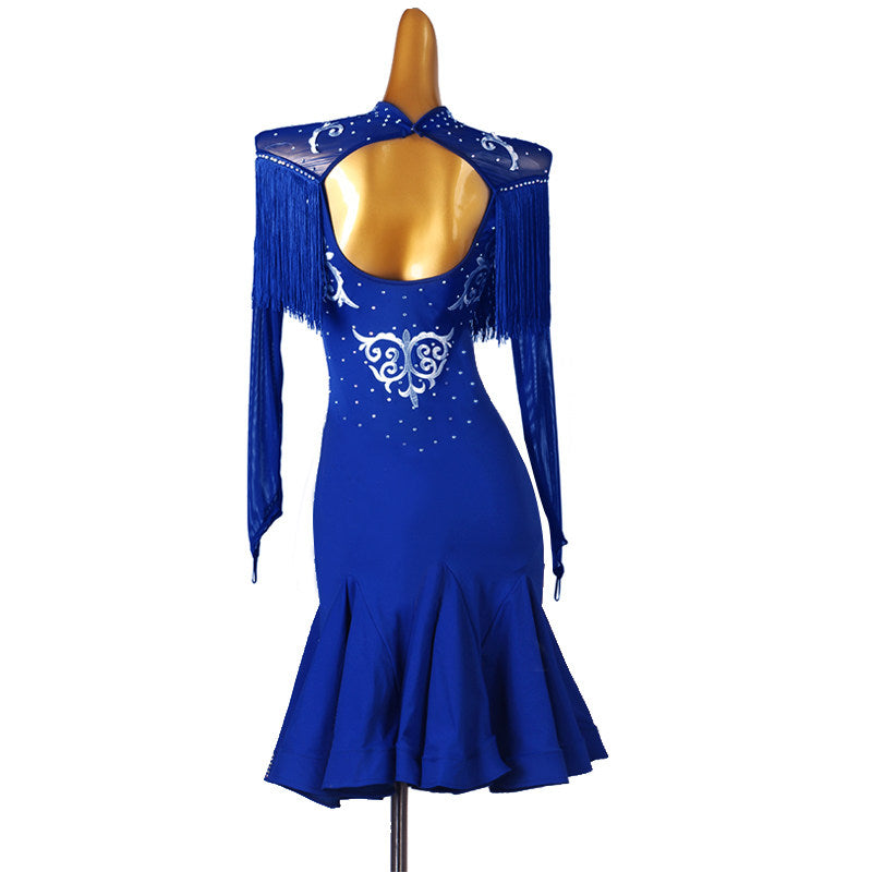 Blue silver scroll latin dance dress front view showing the fishtail skirt