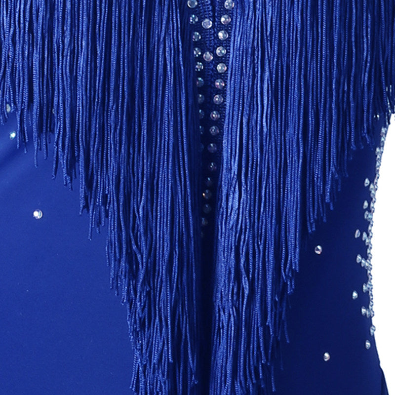 Close view of the blue fringe strands over the crystal scattered fabric