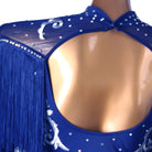 Blue latin dance dress rear view showing the open back and stoned collar