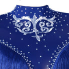 Close view of the silver scroll applique surrounded by crystals