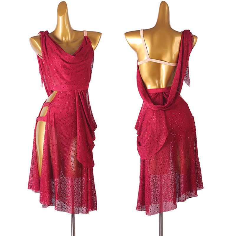 Rose red stone set mesh latin dance dress with cowl drape and wrap skirt