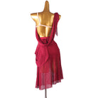 Rose red stone mesh latin dance dress angled view with the draped overlay