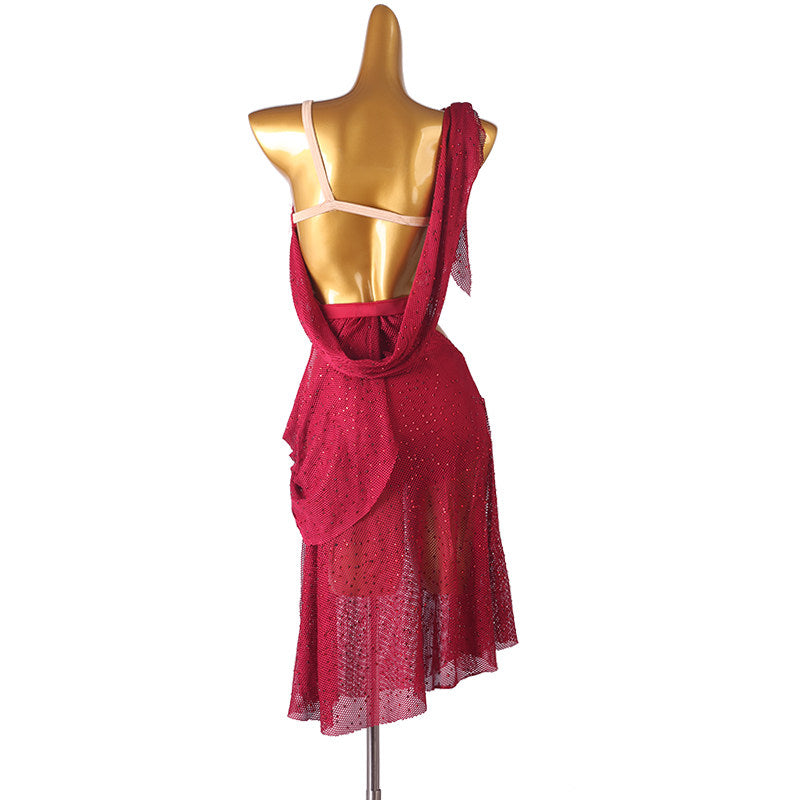 Rose red stone mesh latin dance dress angled view with the draped overlay