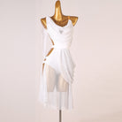 White stone set mesh latin dance dress with cowl drape and wrap skirt