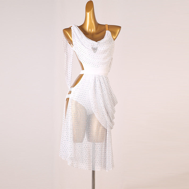 White stone set mesh latin dance dress with cowl drape and wrap skirt