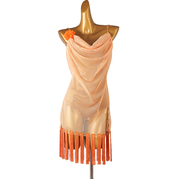 Apricot mesh latin dance dress with draped cowl and shoulder corsage