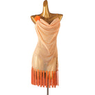 Apricot mesh latin dance dress angled view showing the fringe hem band
