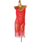 Red mesh latin dance dress with draped cowl neckline and fringe hem