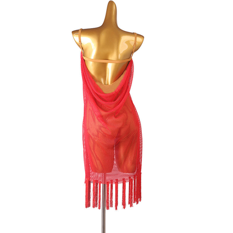Red mesh latin dance dress front view with the corsage at the shoulder