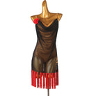Black mesh latin dance dress with cowl drape and tassel fringe hem