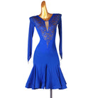 Blue latin dance dress with amber stone spread and nude mesh keyhole neckline